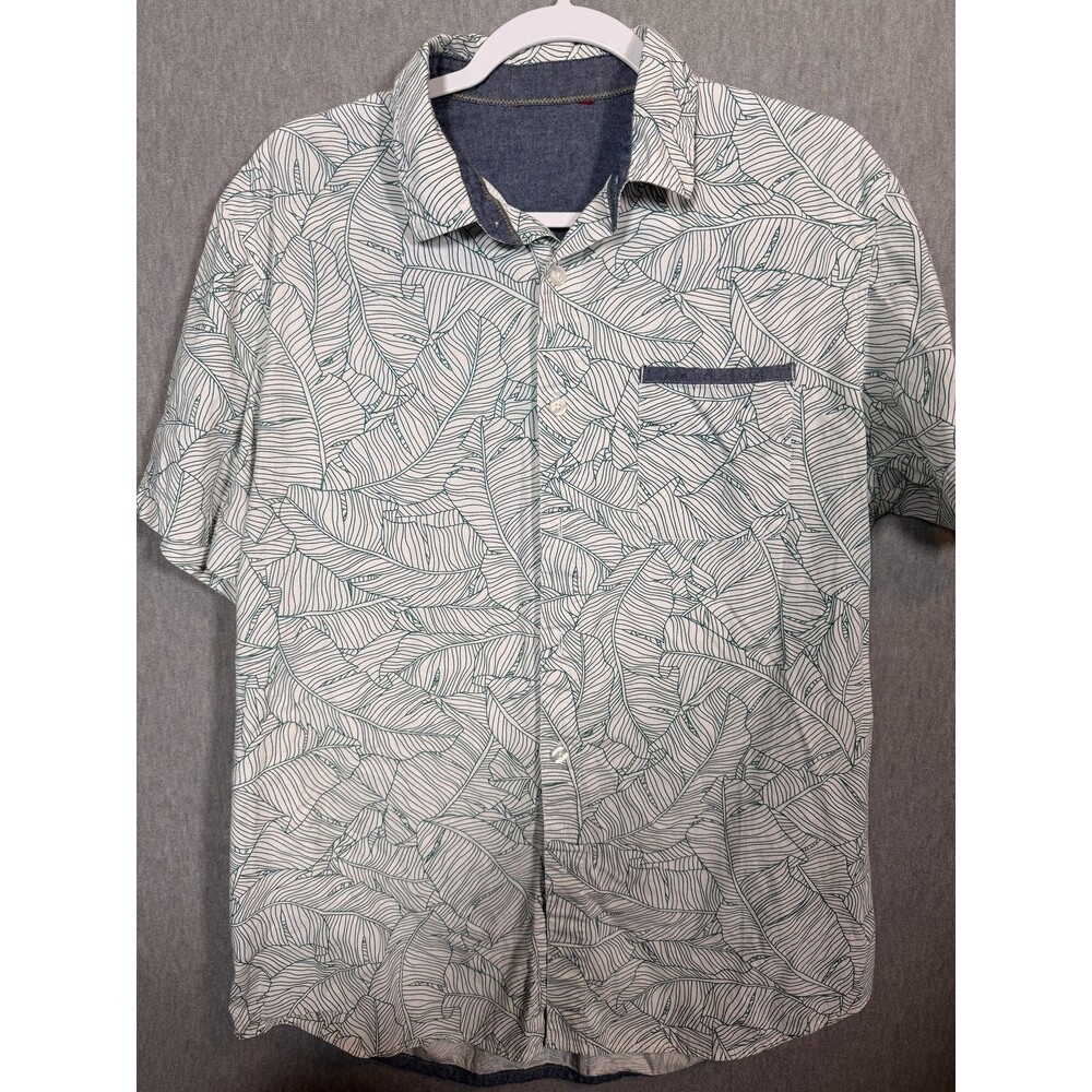 Men's Tropical Leaf Print Short Sleeve Button Down Casual Shirt Size L